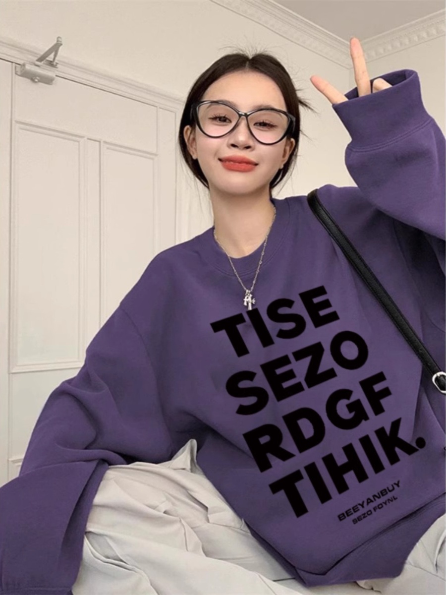 American Purple with Velvet Long Sleeves Sweatshirt Female Spring & Fall 2025 New Arrival Loose Thick Female Letter Coat Tops Spring