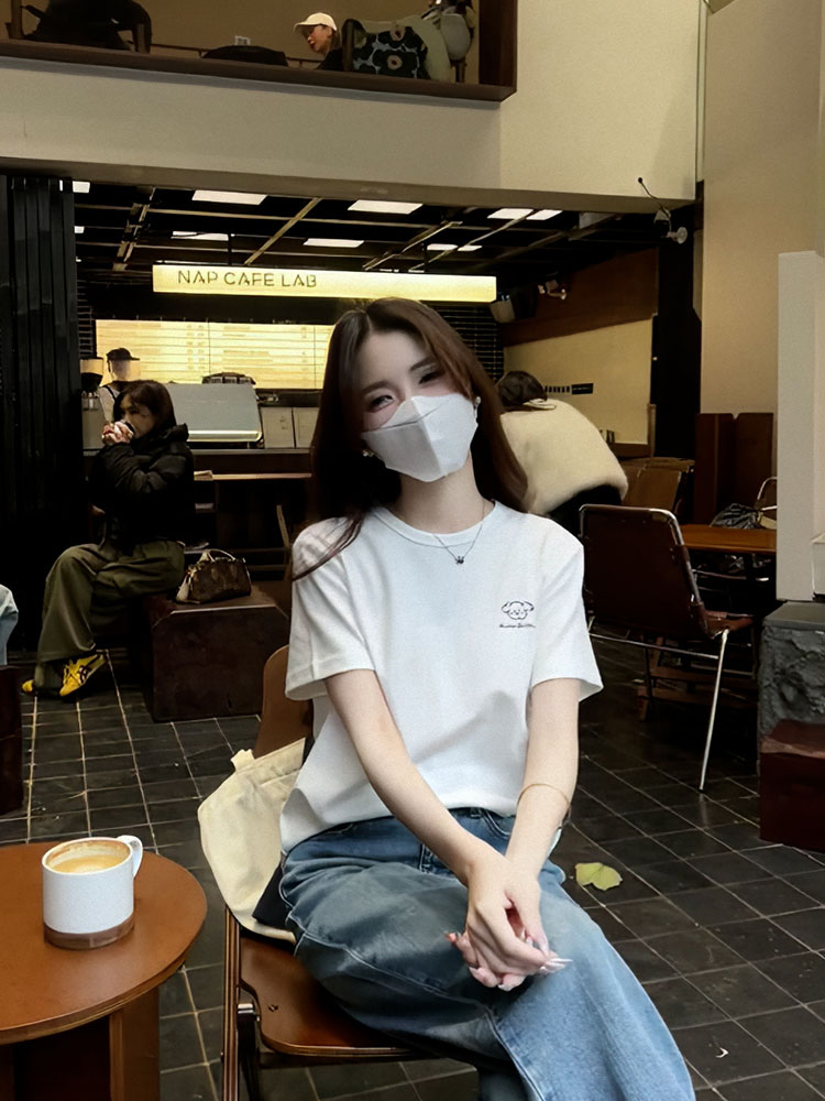 K-style White Short Sleeve Shoulder T-Shirt Women's Summer 2025 New Arrival Heavy Weight Pure Cotton Small Loose Slim Looking Tops