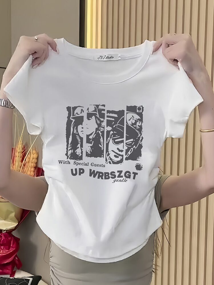White Chic Summer New Women's Short Sleeve 2025 French Style Temperament Silm T-Shirt Pure Cotton Print Short Tops