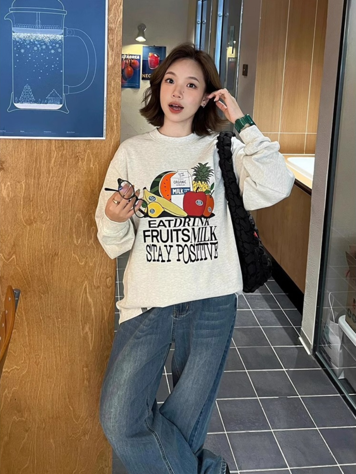 American Retro Gray round-Collar Sweatshirt Women's Spring and Autumn Fruit Letters Print Loose Casual Pullover Long Sleeve Top
