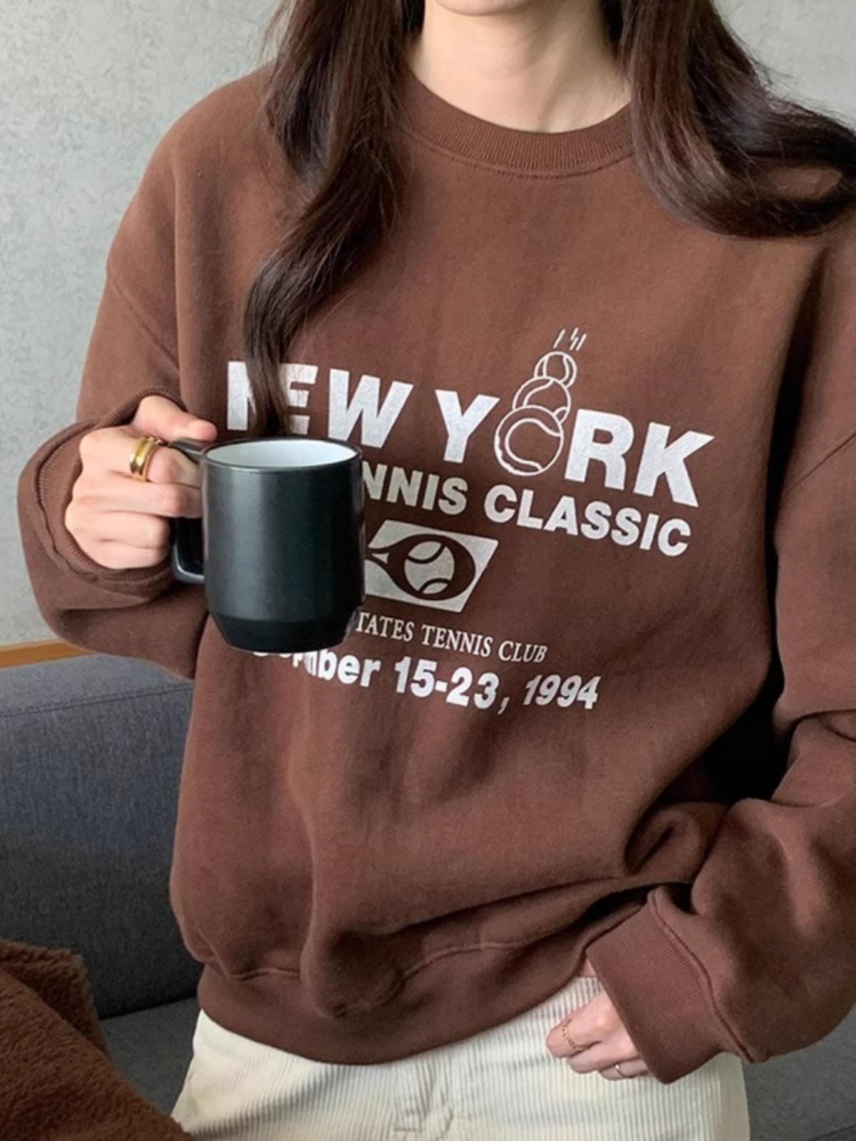 Brown Pullover All-Matching Hoodie Women Spring & Fall 2025 New Arrival Western Style Youthful-Looking Loose Slimming Long Sleeves Print Tops