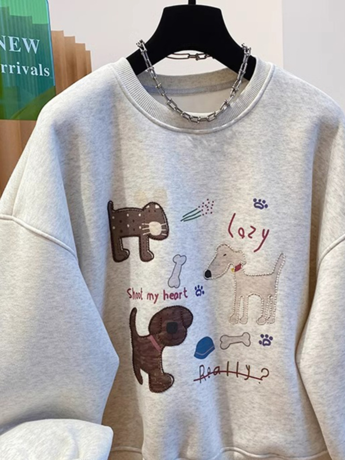 Korean-Style Younger Puppy Pattern Brushed Hoody Female Spring & Fall 2025 New Arrival Loose Pullover All-Matching round Neck T-shirt Tide