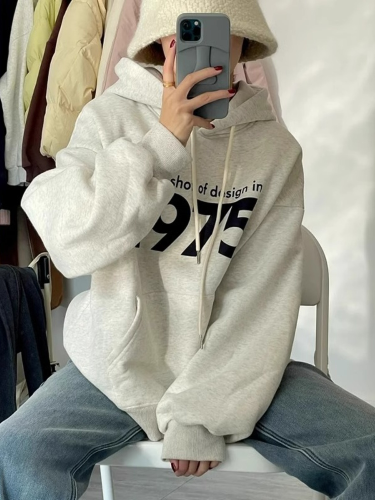 American Retro 1975 Printed Fleece Hoodie Women 2025 Spring & Fall New Arrival Loose Thick Small Hooded Tops