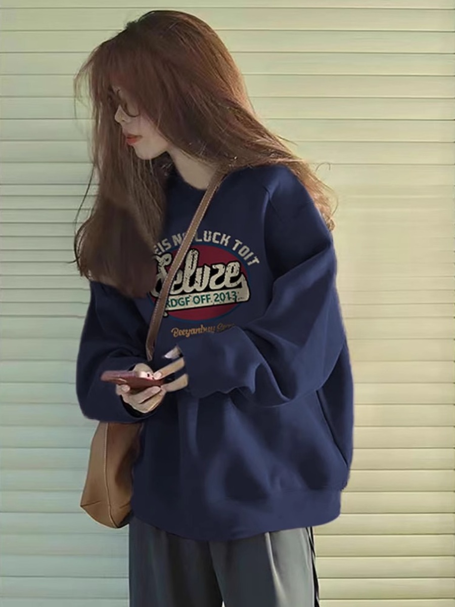Trendy Navy Blue Hoodless Sweater Women's 2025 New Arrival Best Selling Fall American Retro Loose Lazy Style Top