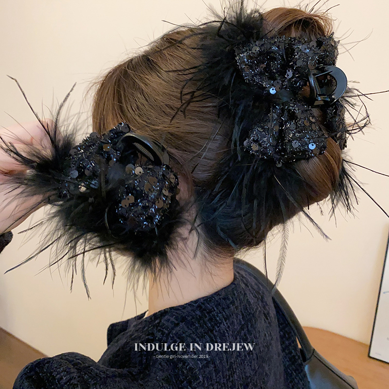 Black Bows Sequin Feather Grip Female New Arrival Fancy Barrettes Back Head Winter Shark Clip Hair Accessories