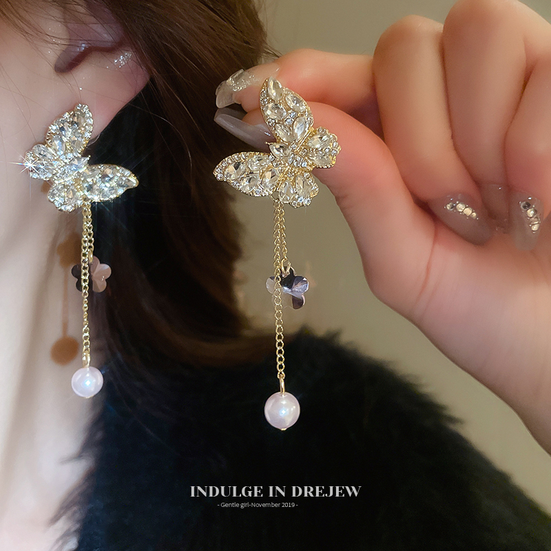 Exaggerated Diamond Butterfly Pearl Tassel Eardrops Women's Accessible Luxury Fancy Elegant Earrings 2025 New Arrival Best Selling Earrings