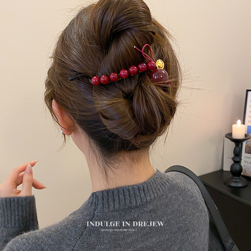 Retro Red Bows round Beads Barrettes Female Back Head Banana Clip Fashion Word Duckbill Clip Fancy Headdress