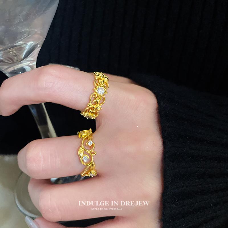 Gold Diamond Flower-De-Luce Wide Open Ring Female Special-Interest Design Index Finger Ring Palace Style Gold Ring Bracelet