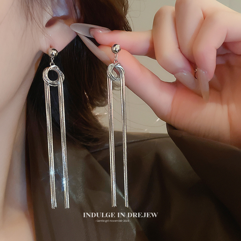 French Style Silver Long Fringe Earrings Accessible Luxury Fancy Stud Earrings Elegant Temperament and Exaggerated Ins Earrings for Women New Arrival