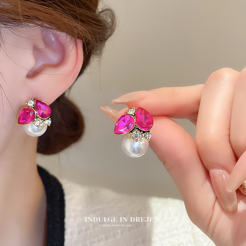 Rose Red Diamond Drop Pearl Stud Earrings Accessible Luxury Fancy Elegant Earrings 2025 New Arrival Vintage Earrings Women