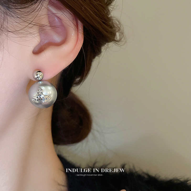 Silver Gray Saturn Pearl Stud Earrings Light Luxury High-Grade Elegant Earrings New Simple Exaggerated Two-Piece Earrings
