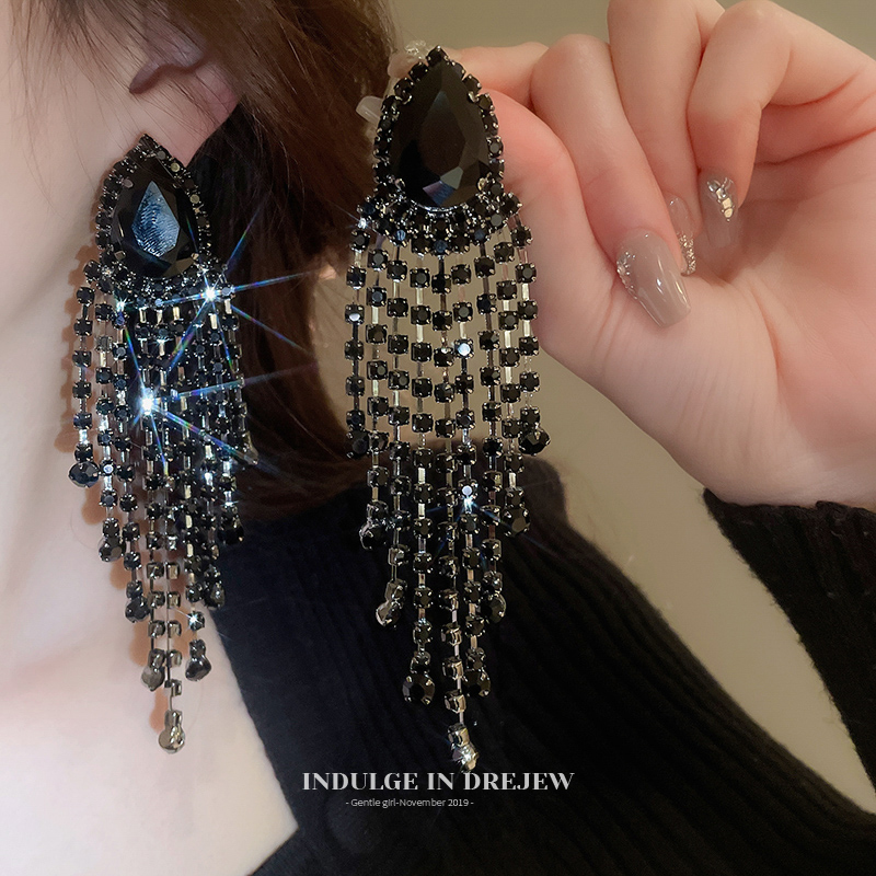 Black Full Diamond Water Drop Tassel Earrings for Women Accessible Luxury Fancy Elegant Earrings Fashion Exaggerated Square and round Face Earrings