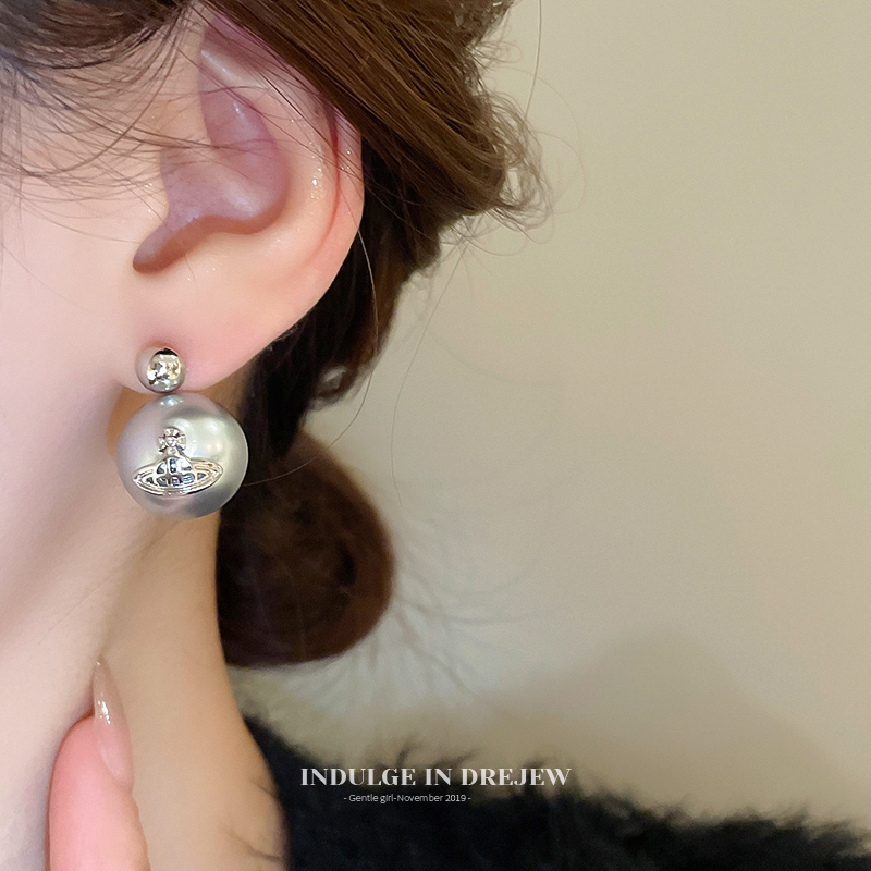 Silver Gray Saturn Pearl Stud Earrings Light Luxury High-Grade Elegant Earrings New Simple Exaggerated Two-Piece Earrings