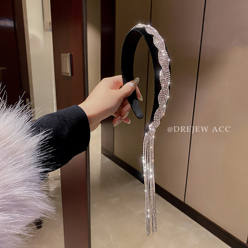 Shiny Diamond Tassel Velvet Headband Female Hair Fixer French Hair Tie Internet Celebrity Elegant Headdress South Korea Easiest for Match Outing Headband