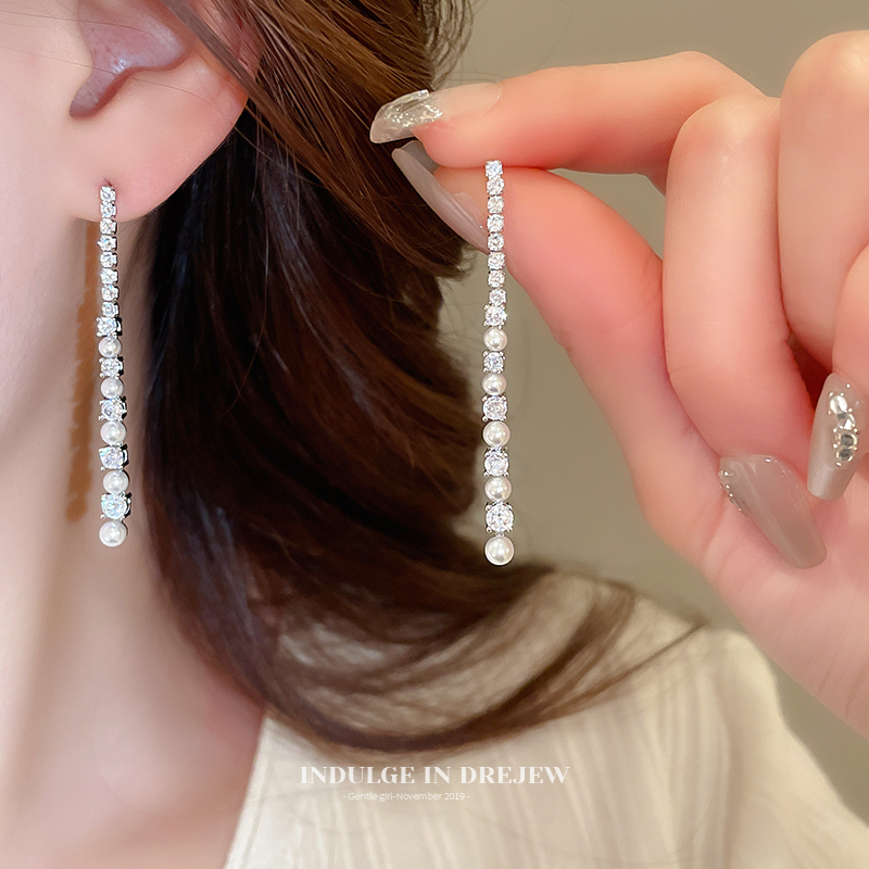 Rhinestone Pearl Tassel Earrings Accessible Luxury Fancy Elegant Square and round Face Slimming Summer Exaggerated New Year Earrings