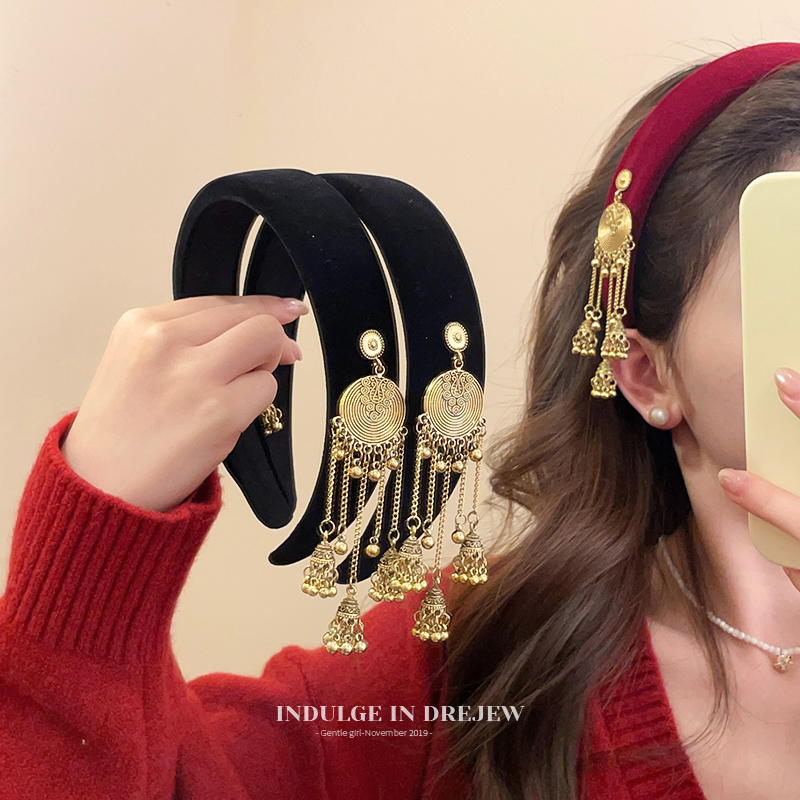 Retro Ethnic Style Velvet Bell Tassel Headband Female 2025 New Arrival High Skull Top Headband Fringe Clip Hair Accessories