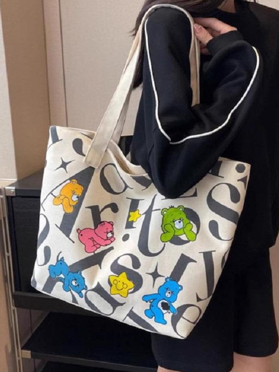 Cartoon Tote Bag Large Capacity Student's Canvas Bag New Arrival All-Matching Printed Mummy Bag Can Be Satchel One Shoulder Shopping Bag