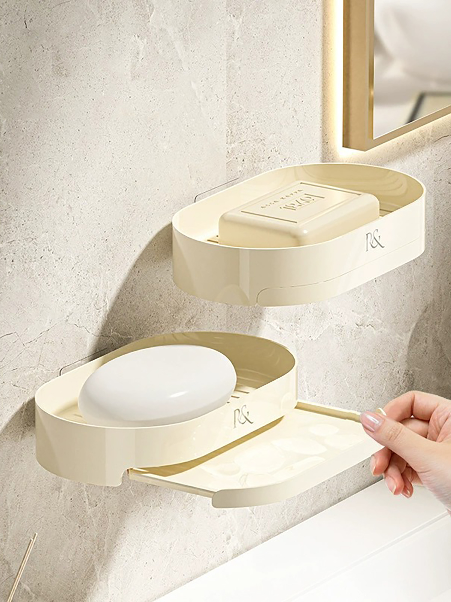 Cream Wind Belt Scraper Soap Box Punch-Free Suction Cup Wall-Mounted Double-Layer Drain Soap Box Soap Box Home Bathroom Storage Rack