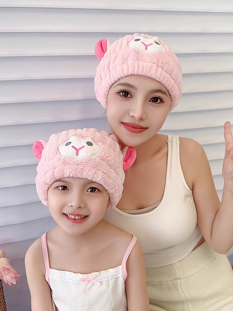 Matching Hair-Drying Cap Matching Coral Fleece Embroider Shower Cap Cute Lamb Cartoon Kids Quick-Drying Absorbent Towel