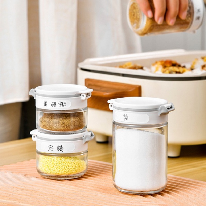 Double Cover round Seasoning Containers Partition Large Opening Design Outdoor Barbecue Kitchen For Home Salt Glass Seasoning Storage