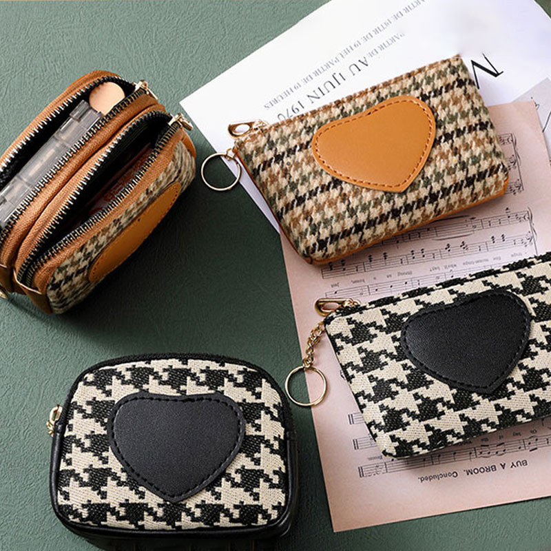 Portable Retro Wallet Houndstooth Compact Mini Coin Bag 2024 New Arrival Ins Style Korean Style Niche Style Canvas Bag
