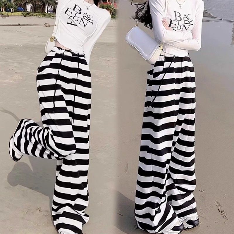 European Station Plus Size Black and White Stripes Straight-through Loose Pants Women's Summer 2024 New Arrival Loose Thin and All-Matching Casual Pants