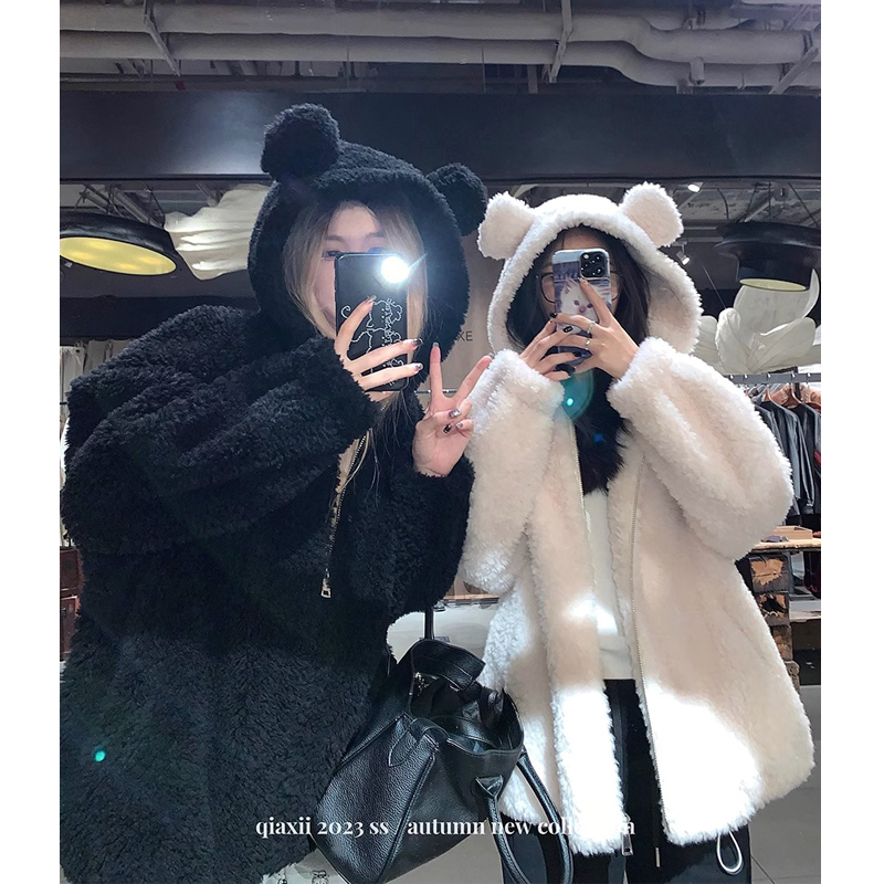 Plus Size Plus Size Ladies Fancy Cute Bear Ears Berber Fleece Coat Female Winter Furry Loose Padded Cotton Jacket Cotton Coat