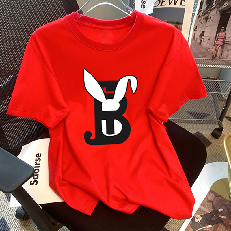 2024 Spring and Summer New Arrival Rabbit Print Short-Sleeved T-shirt Pure Cotton Plus Size 1.00 Kg-150.00 kg Men and Women Couple New Year Combat Clothes Tide