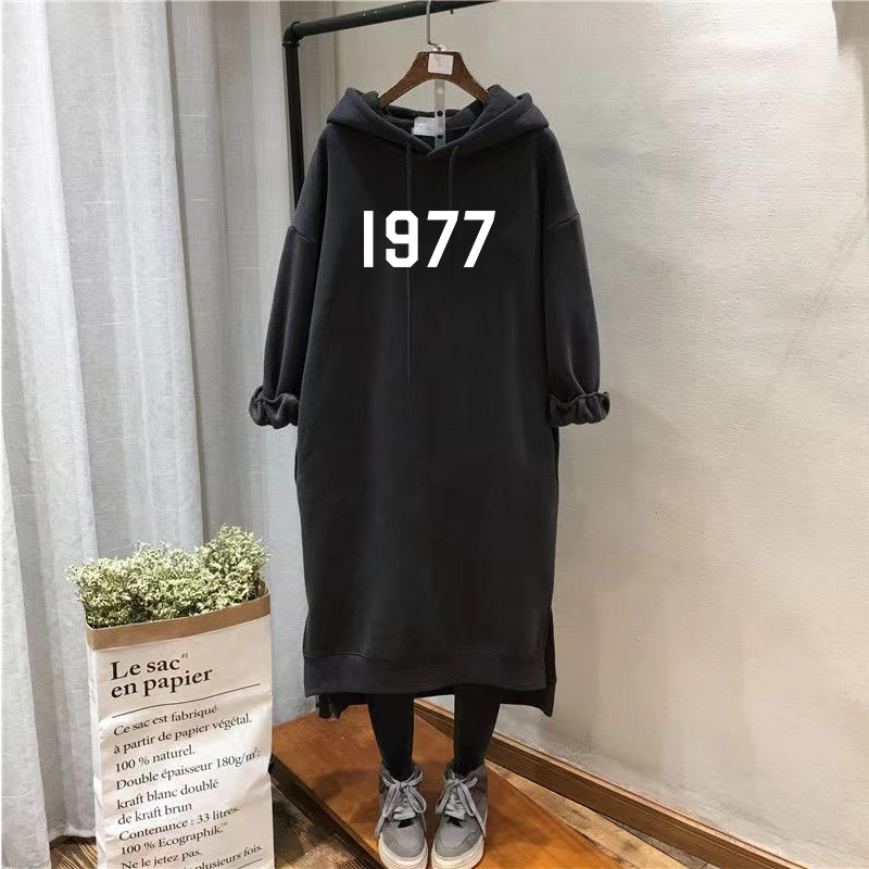 Plus Size Ladies 1.00 Kg-150.00 kg Plus Size Mid Length Long Length Hooded Sweater Dress Female Loose Fall and Winter Korean Style Lazy Style Dress Tide