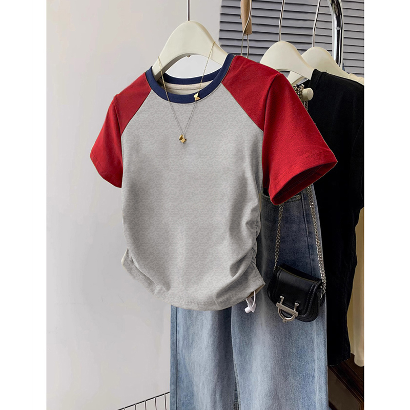 Pure Cotton Drawstring Design Silm round Neck Tops American Style Shoulder Pure Cotton Raglan Sleeve Patchwork Short-Sleeved T-shirt Female Ruched