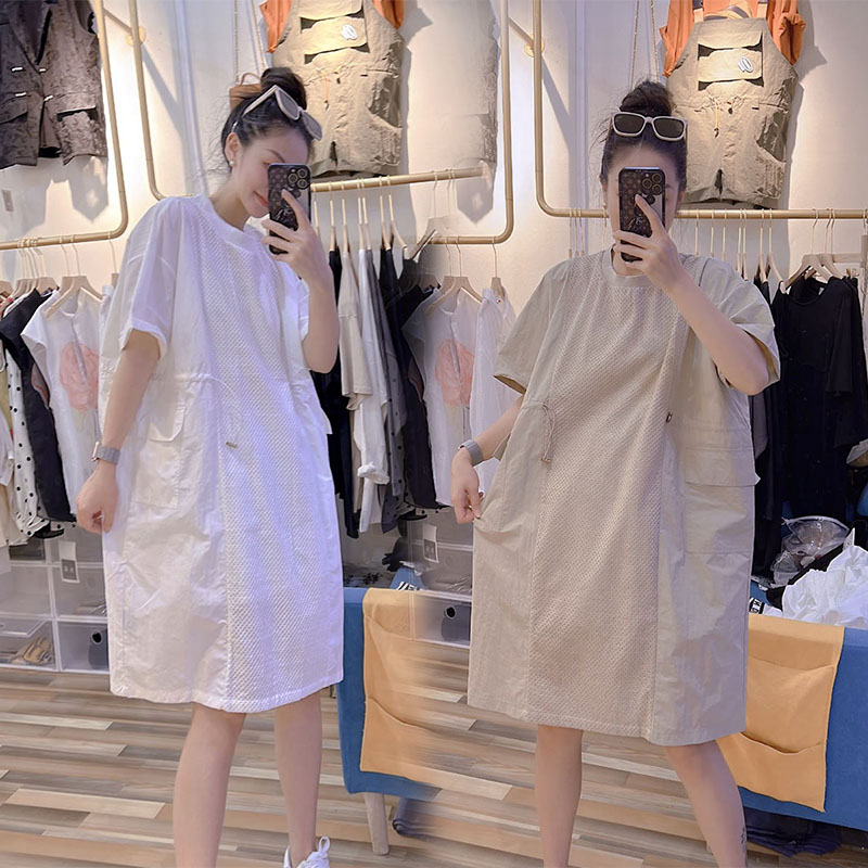 Chubby Girl Summer Fashion Patchwork Cotton Hemp Net Good Quality T-shirt Skirt Female Plus Size 1.00 Kg-150.00 kg Drawstring Short Sleeve Dress