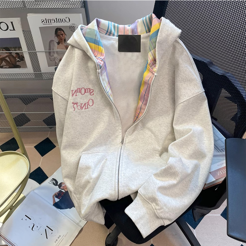 Extra Large Size 1.00 Kg-150.00 kg Trendy Colored Plaid Patchwork Hoodie Men's and Women's Spring and Autumn Couple Cardigan Outwear.
