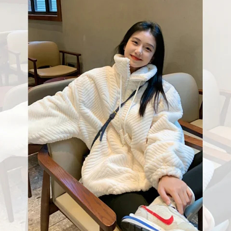Lamb Wool Thickened Plush Fried Street Outwear Female Fall and Winter 2024 New Arrival Fancy Stand Collar Casual Fashion Tops
