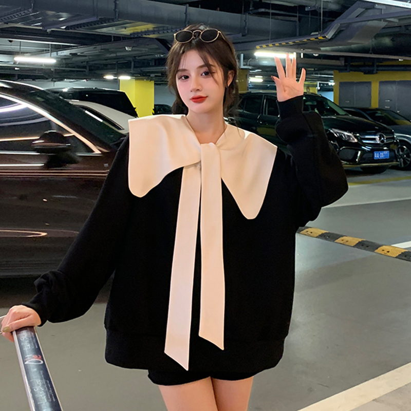 1.00 Kg-150.00 kg Extra Large Size Stylish Niche Style Velvet Padded Thickened Sweater Women's Loose Plus Size Ladies Slim Looking Bows 2-Piece Set