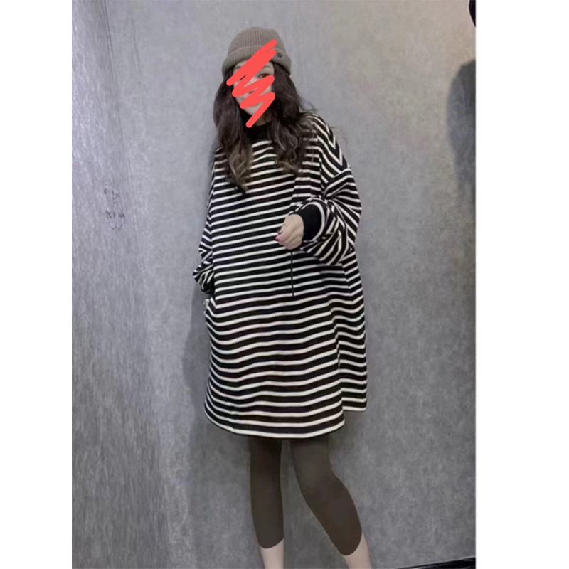 European Station Plus Size Fat Girl Autumn and Winter Loose Black and White with Velvet Stripes Sweater Dress Women's Mid Length Long Length Fashionable Long Sleeve A- line Skirt
