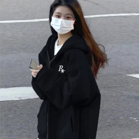 Plus Size Chinese Fad Hiphop Fancy Hooded Sweatshirt Female Loose 2024 Autumn and Winter New Arrival Plus Size Ladies Zipper Outwear