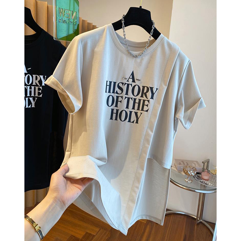 Summer Pure Cotton Plus Size Plus Size Ladies 1.00 Kg-150.00 kg Stylish Slit Hemline at Hem T-Shirt Women's Short Sleeve Loose Casual Top Fashion