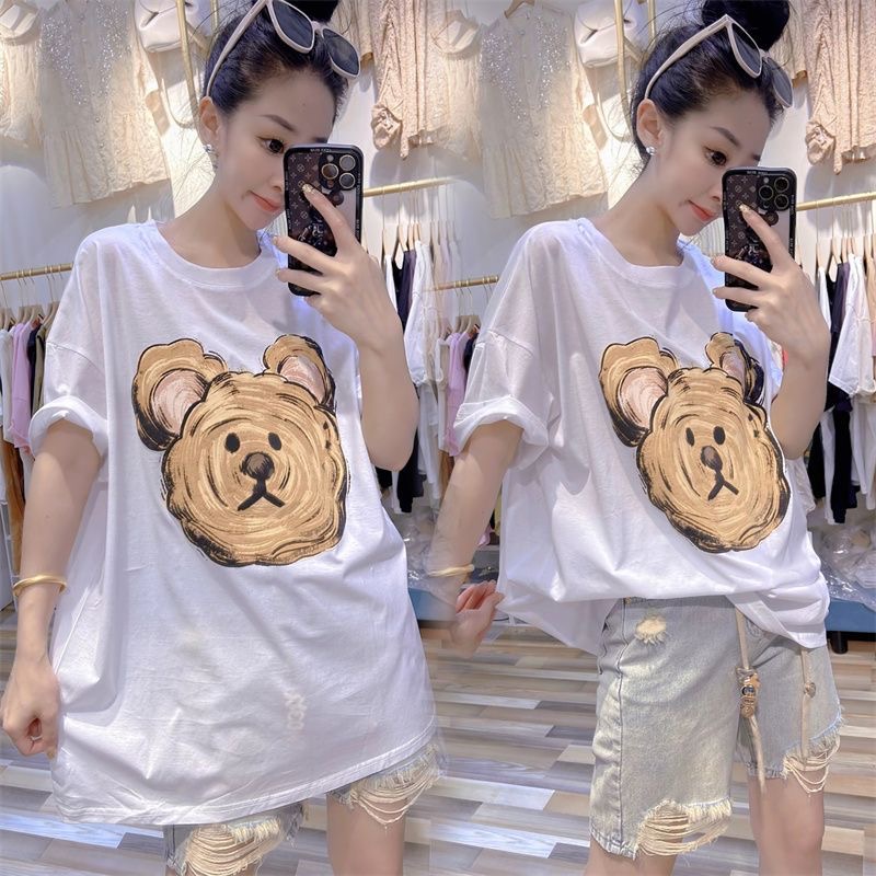 1.00 Kg-150.00 kg Oversize Women's Clothing Short-Sleeved T-shirt Women's Summer New Arrival Fashion Western Style Youthful-Looking Loose Crew Neck Top Tide
