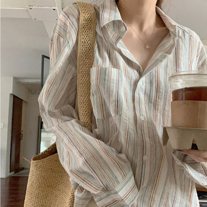 Plus Size Idle Style Retro Pinstripe Shirt Spring and Summer Stylish Niche Top Loose Korean Style Long Sleeve Shirt
