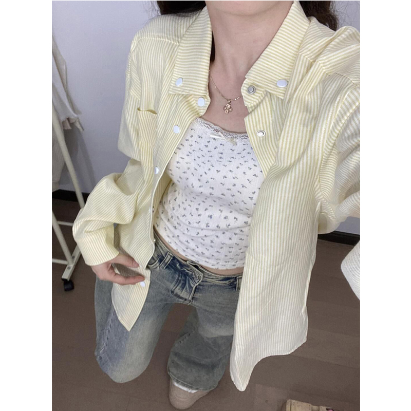 Hong Kong Style Retro Niche Style Stripes Yellow Embroidery Plus Size Long Sleeves Shirt 2024 Autumn Loose Easiest for Match Outerwear Shirt