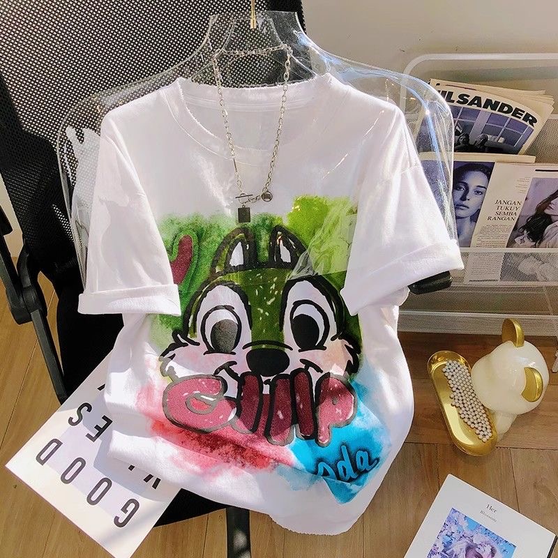 150.00kg Extra Large Size New Arrival Fun and Cute Squirrel Loose Slimming Cotton Short Sleeve T-shirt Female Korean Style Base Tops