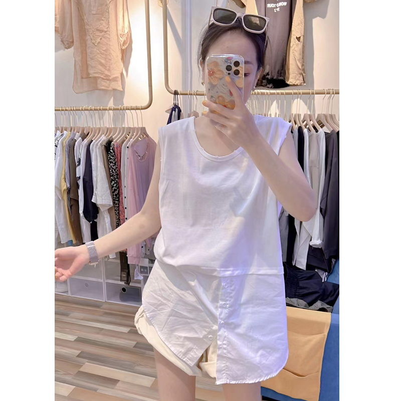 Extra Large Size 1.00 Kg-150.00 kg Easiest for Match Pure Color Sleeveless T-shirt Plus Size Ladies Patchwork Slit Lower Hem Mid-Length Shirt Vest for Women
