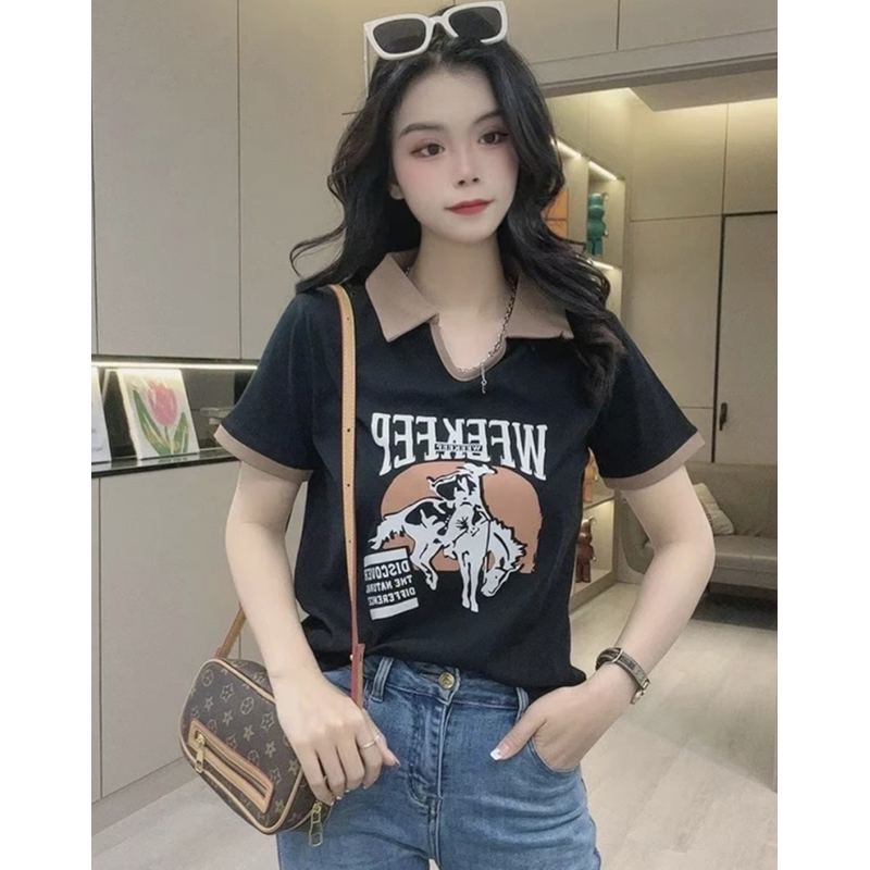 Stretch Cotton Plus Size 1.00 Kg-150.00 kg Polo Collar Short Sleeve T-shirt Women's Summer 2024 New Arrival Silm Slim Looking Shoulder Tops