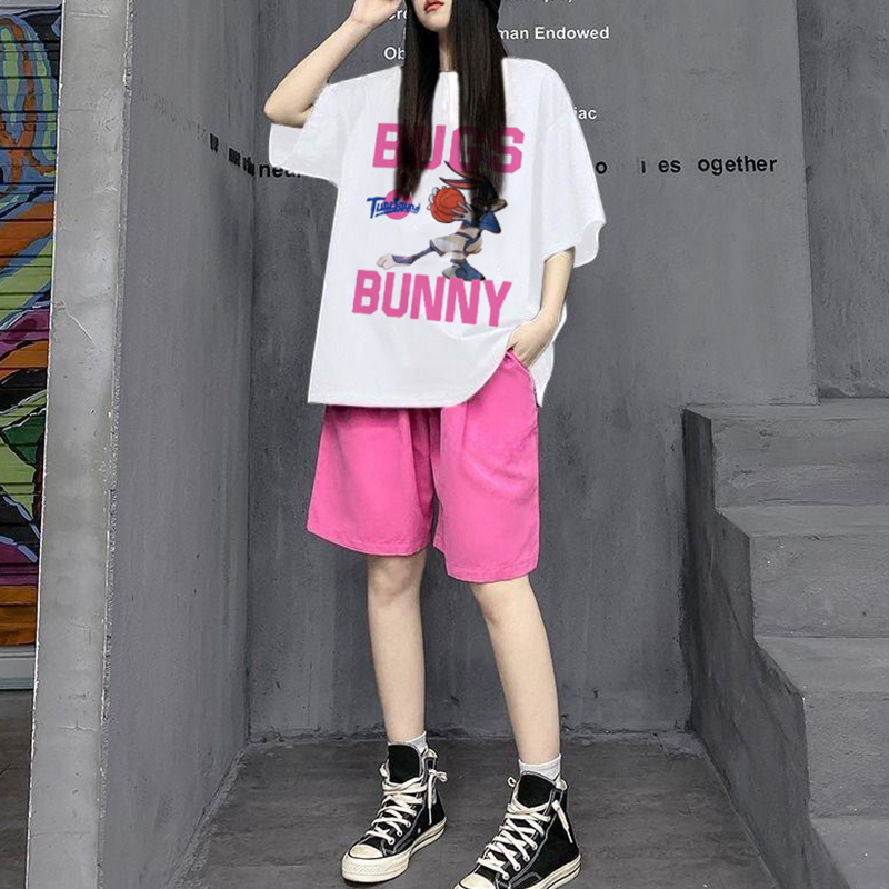 Extra Large Size 1.00 Kg-150.00 kg Plus Size Ladies New Cartoon Print Casual Short Sleeve T-Shirt Suit Women's Summer Shorts Two-piece Set