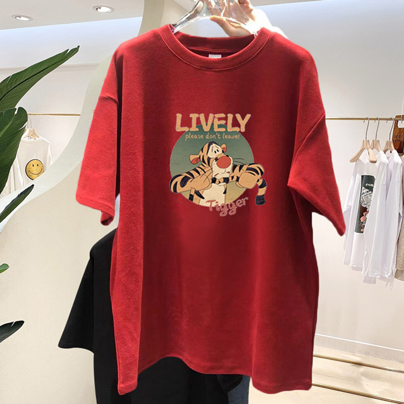 Chubby Girl Red Brushed Short Sleeve T-shirt Female 2024 New Arrival European Station Mid Length Long Length Cartoon Printed Half Sleeve 100.00kg