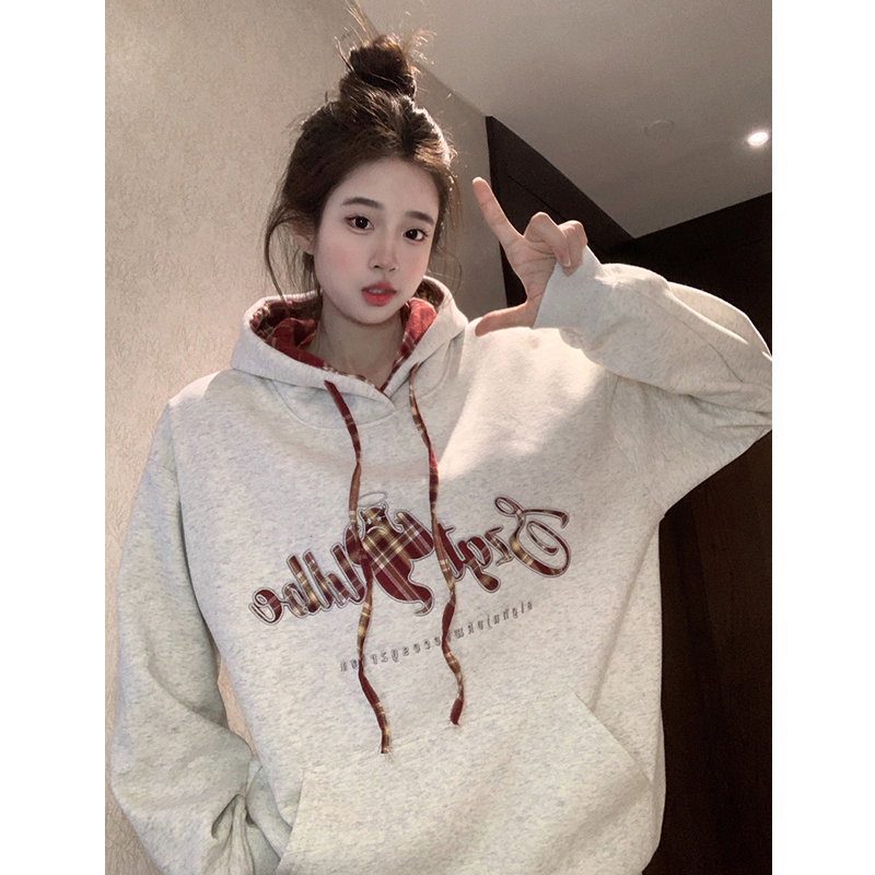 Embroidery Patchwork Plaid Hoodie Women 2024 New Autumn and Winter Small Oversize American High Street Outerwear