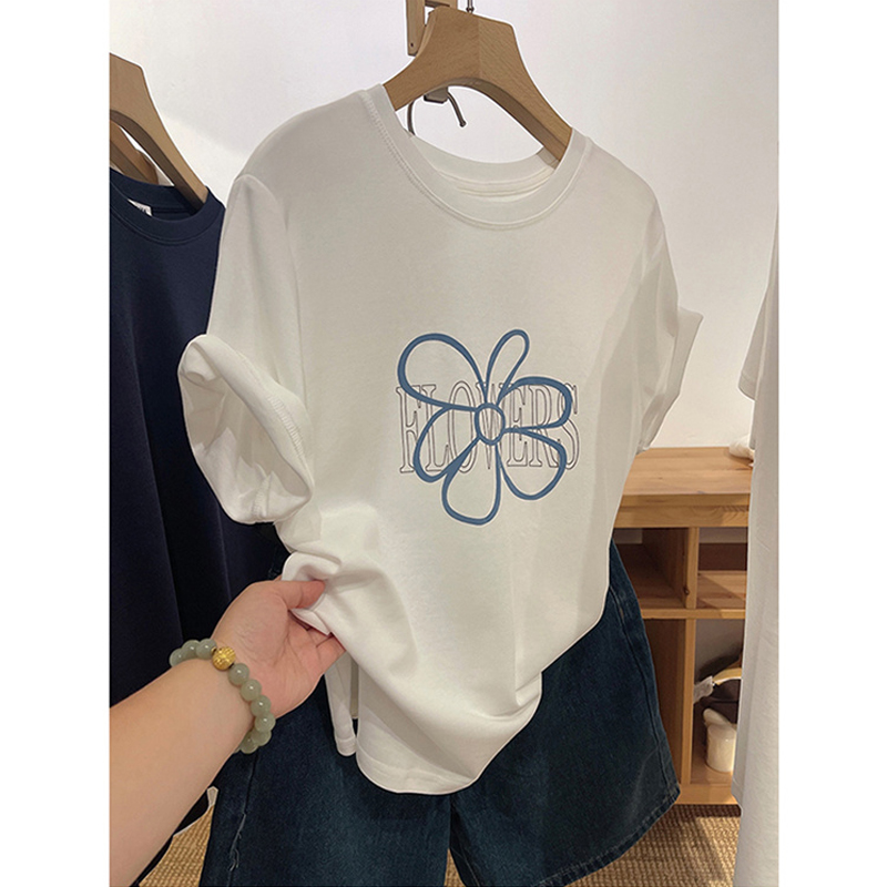 2024 Summer New Arrival Easiest for Match Fun Printing Loose Plus Size Pure Cotton Short-Sleeved T-shirt Female Minimalist Belly Covering Slim Looking