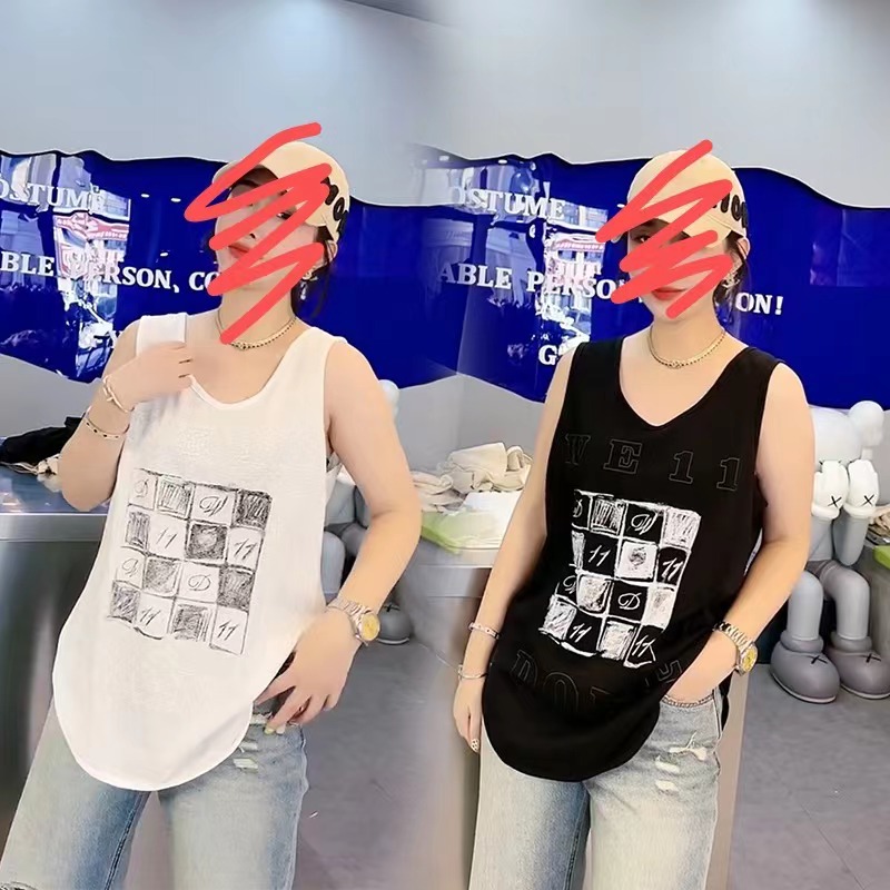 European Station 1.00 Kg-150.00 kg Plus Size Ladies Summer New Arrival Letter Palace Grid Print Camisole Female Loose Sleeveless T-shirt Fashion