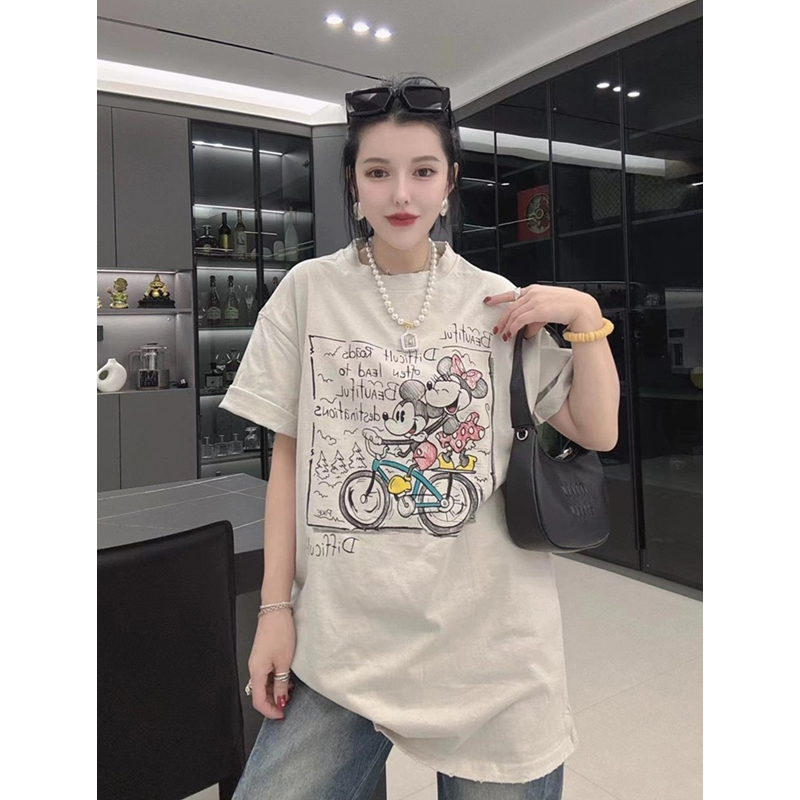 1.00 Kg-150.00 kg Plus Size European Goods New Cartoon Printed All-Matching T-shirt Women's Short Sleeve Tops Loose Slim Looking Bottoming Shirt Summer