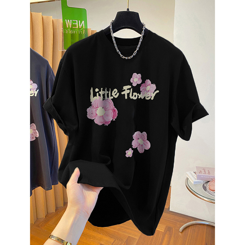 European Goods Plus Size Loose Slim Looking Short Sleeve T-Shirt Women 2024 Summer New Arrival Niche Design Chic Print Tops